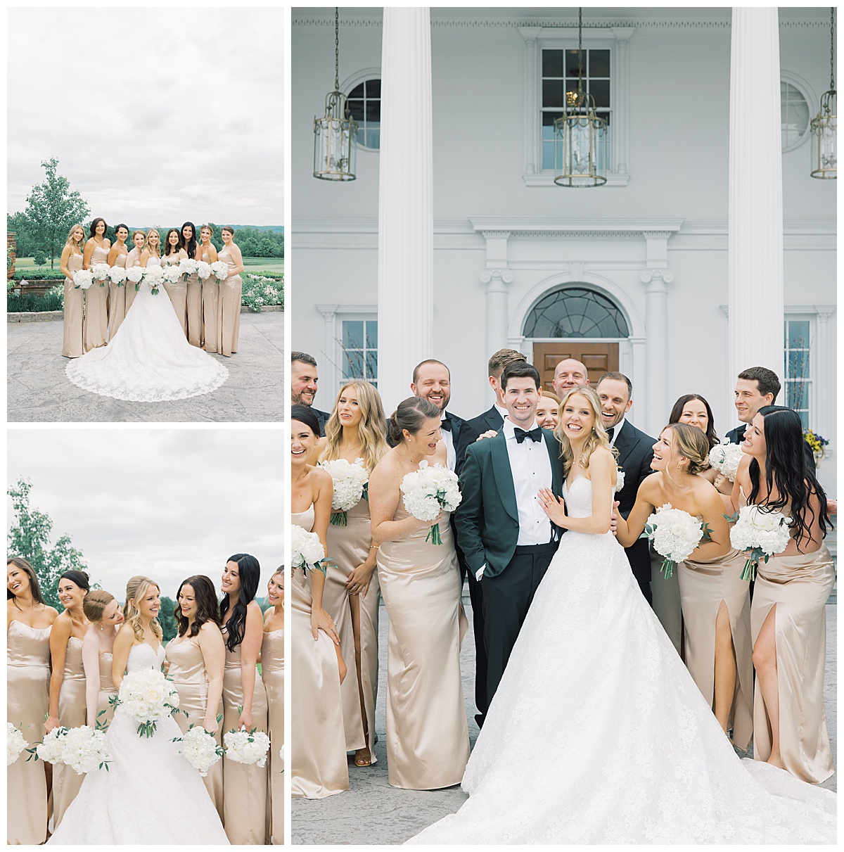 bridal party runs up on bride and groom for a cute candid moment