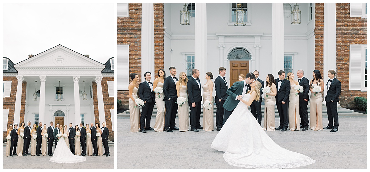 groom dips bride in front of bridal party