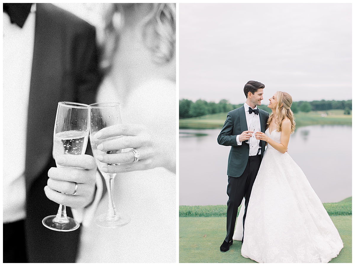 bride and groom hold champagne glasses together on golf course