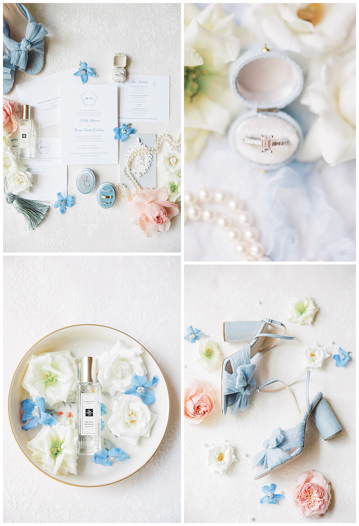 Bridal Details with Blue Shoes with bow + blue ring box.