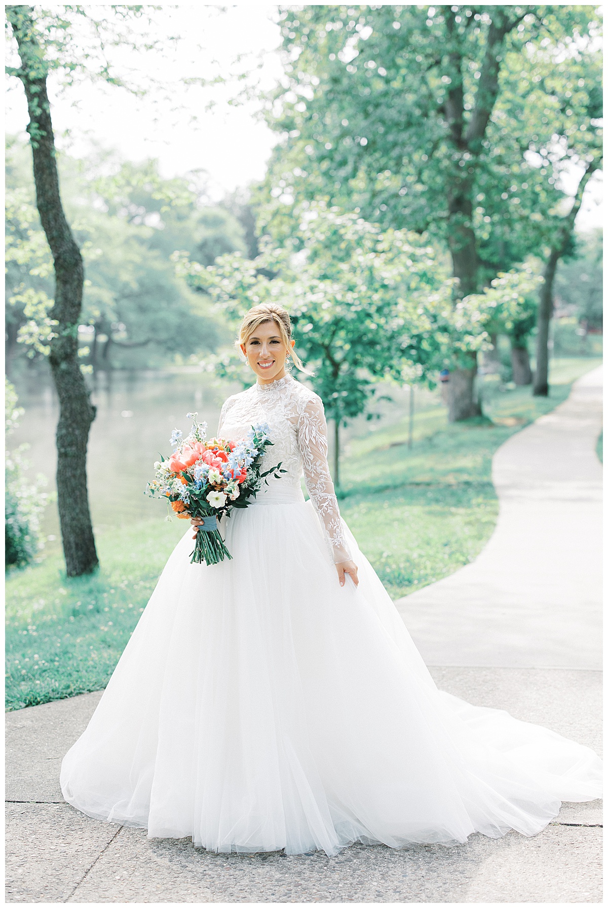 Bride at Divine Park in Spring Lake with wildflower bouquet and a dress with sleeves. 
