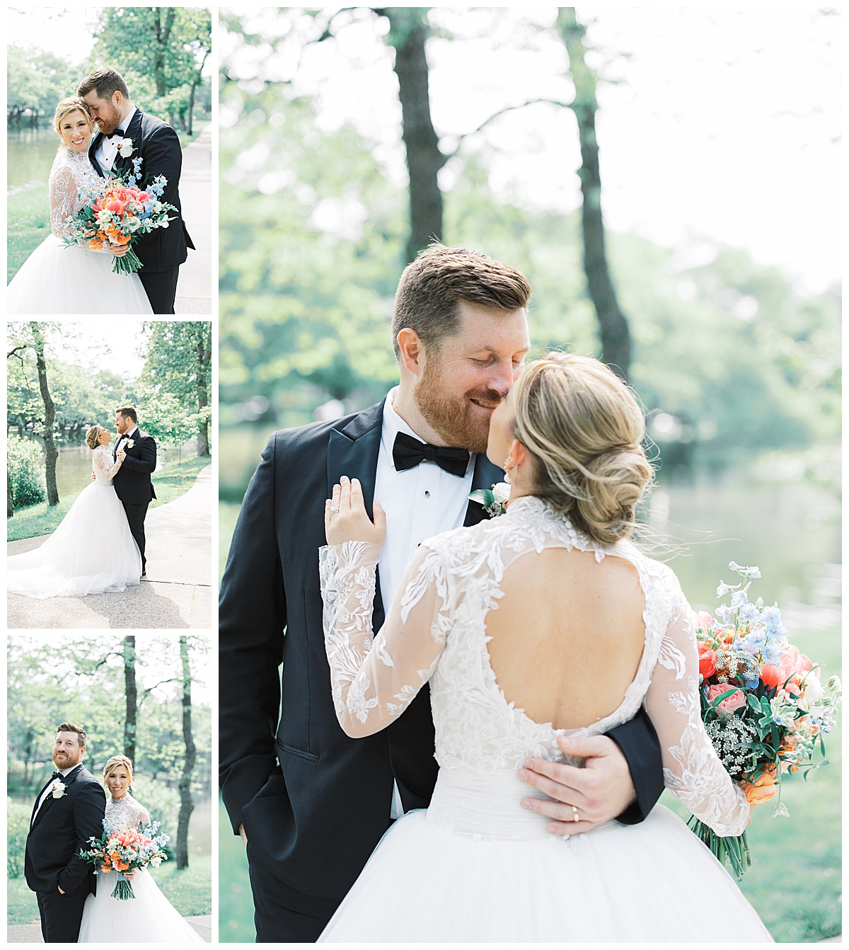 Bride with low bun hairdo and groom in black tuxedo surrounded by a lake.