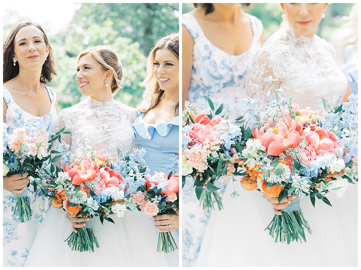 Bridesmaids in blue for garden themed wedding. 