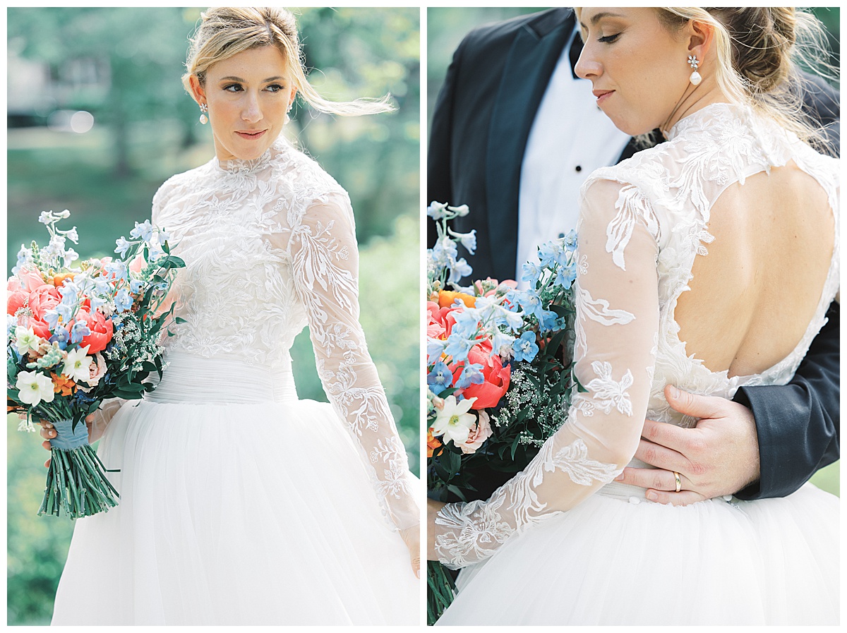 Bride with beautiful colorful wildflower bouquet and lace sleeves. 