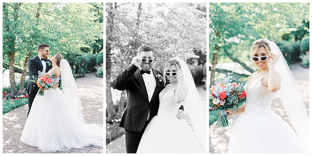 Bride and groom wear cute sunglasses together for a wedding at The Mill. 