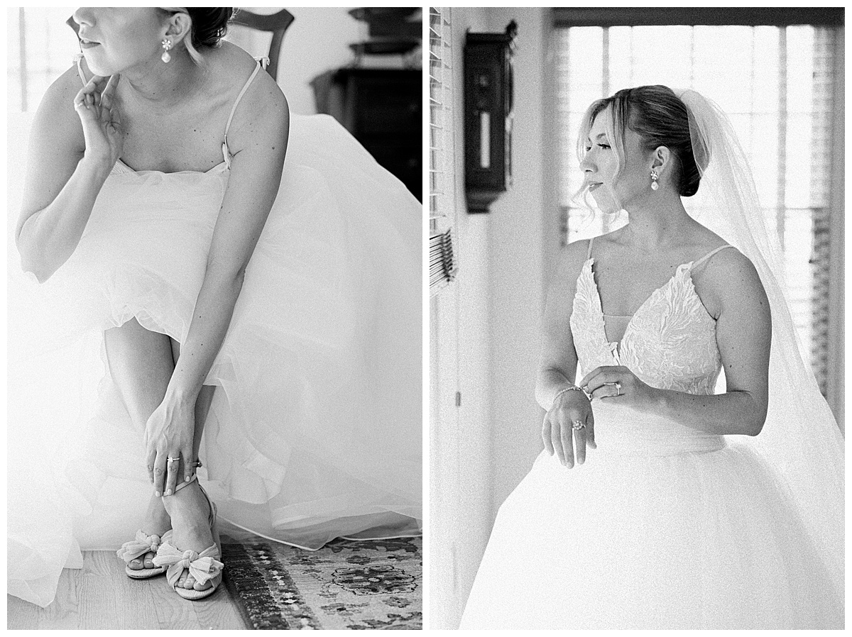 Bride getting ready in black and white. 