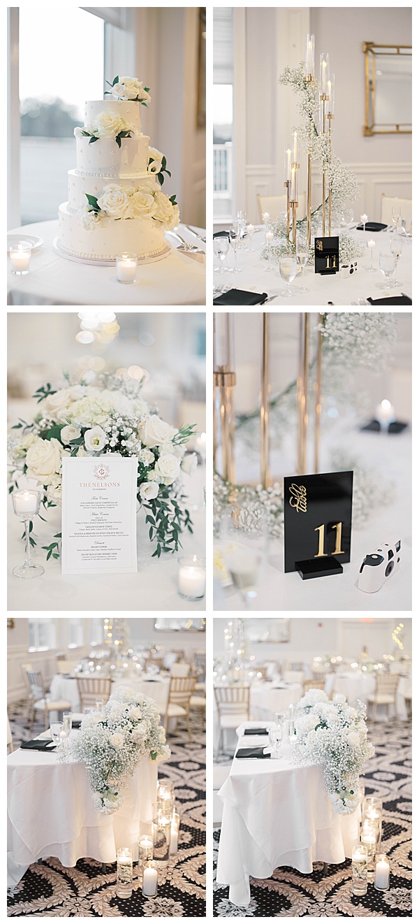 Reception table décor at Trump National Golf Club Colts Neck wedding