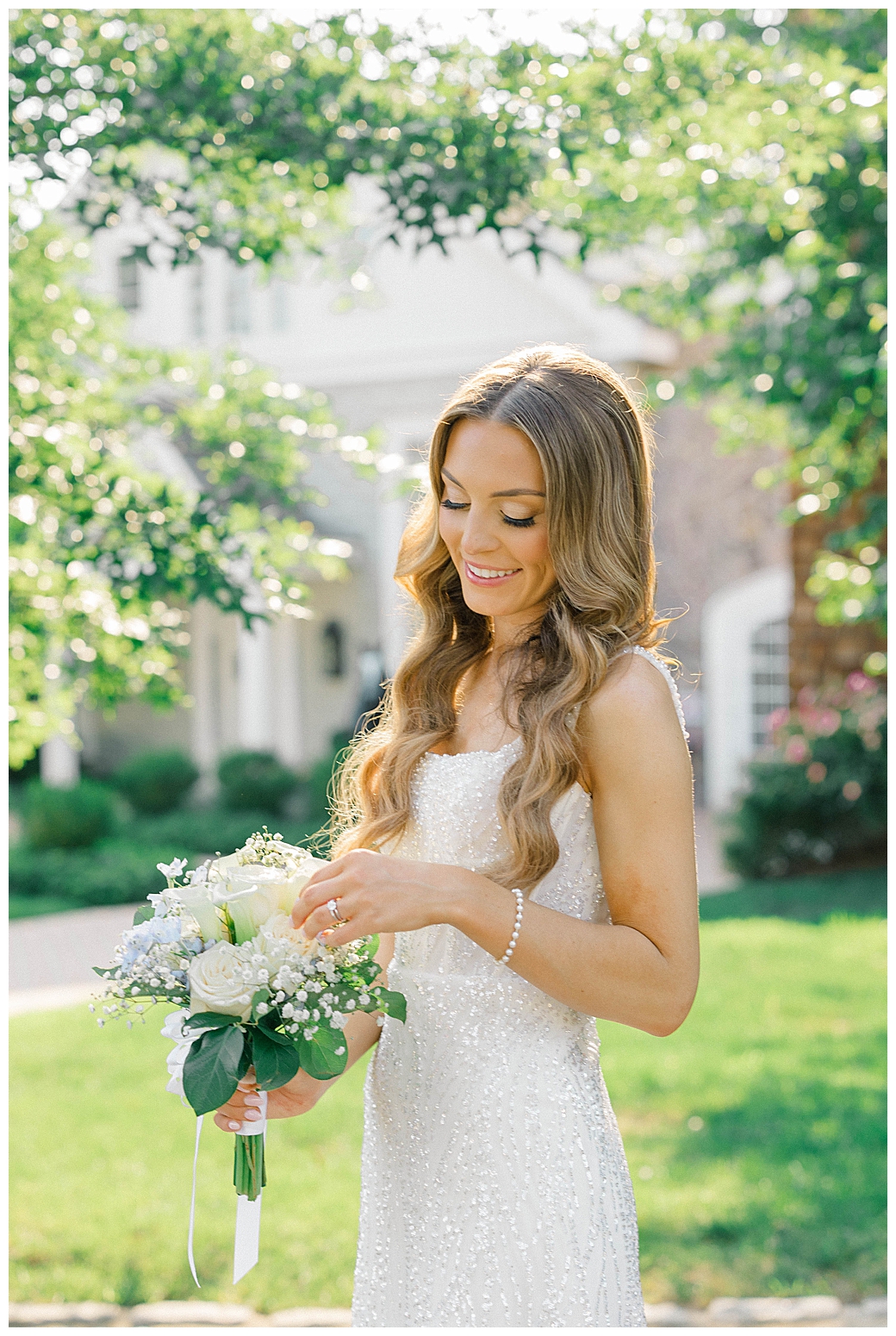 beaded bridal gown golden hour light Ryland Inn summer wedding