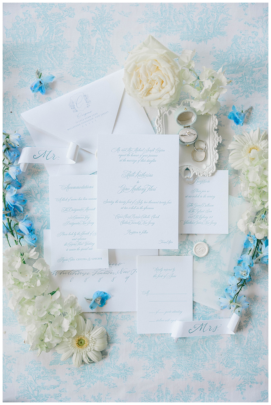 blue and white invitation details