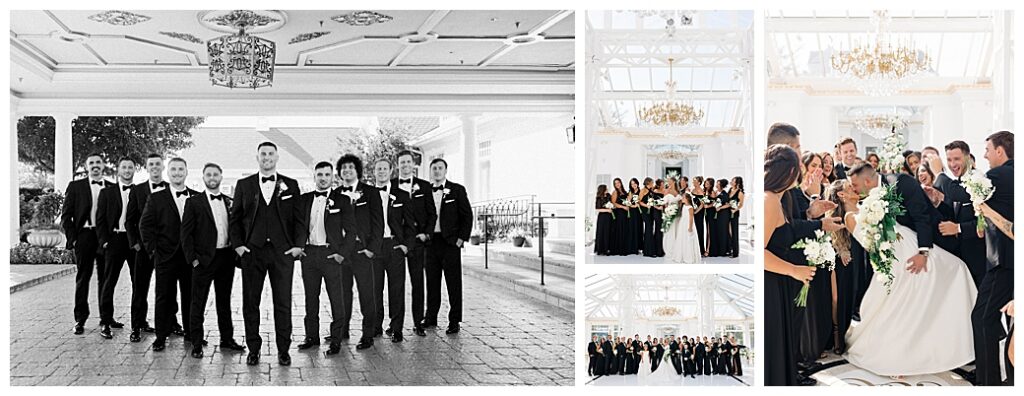 Full wedding party portrait on the grounds of Eagle Oaks Country Club in Farmingdale, NJ — bridesmaids in black and groomsmen in classic suits