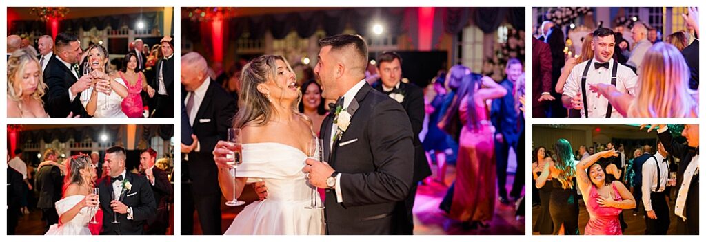 Bride and groom dancing joyfully on the reception dance floor surrounded by their guests at their NJ wedding