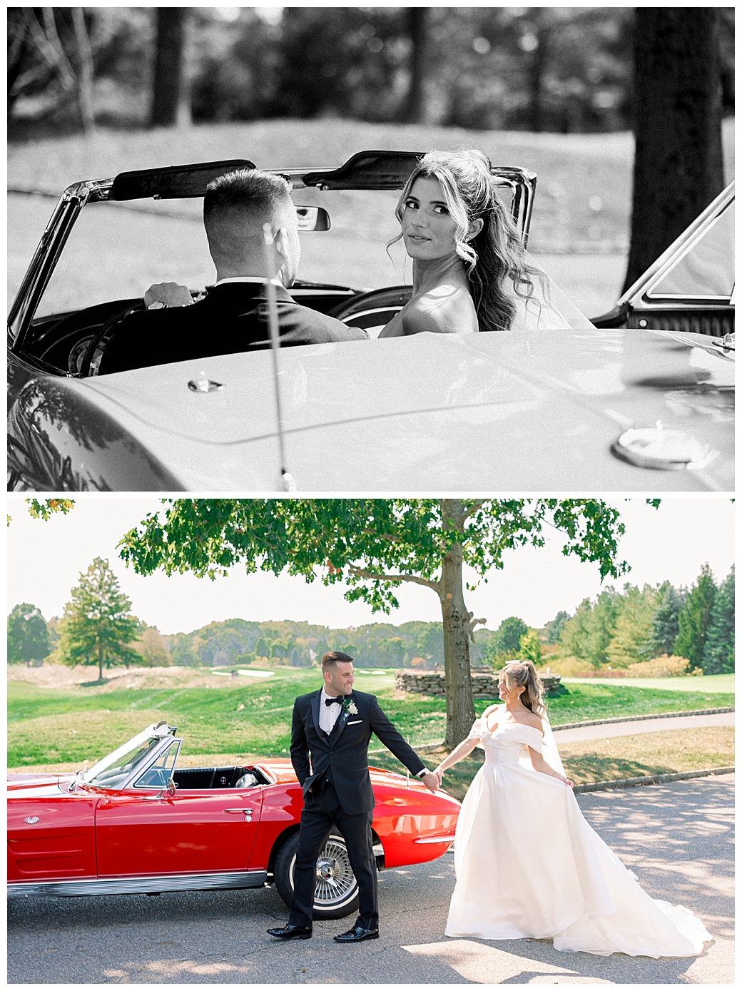Bride and groom holding hands during couples portraits in the garden at their New Jersey wedding venue