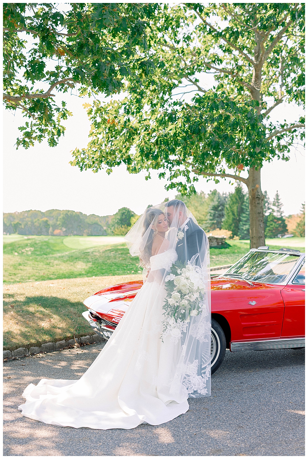 Couple portraits surrounded by warm autumn light and lush trees at a New Jersey wedding venue