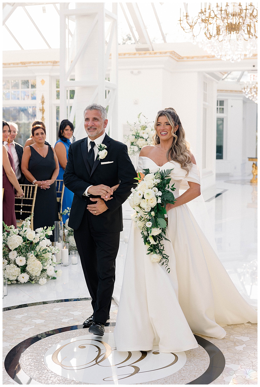 Father escorting his daughter down the aisle at an outdoor New Jersey wedding ceremony