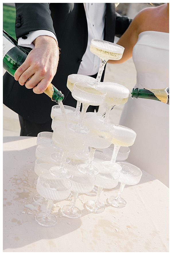 Champagne tower at the Ryland Inn spring wedding reception in White House Station, New Jersey