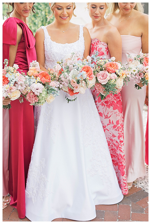 Bridal party at Bonnet Island Estate with blue and pink wedding colors