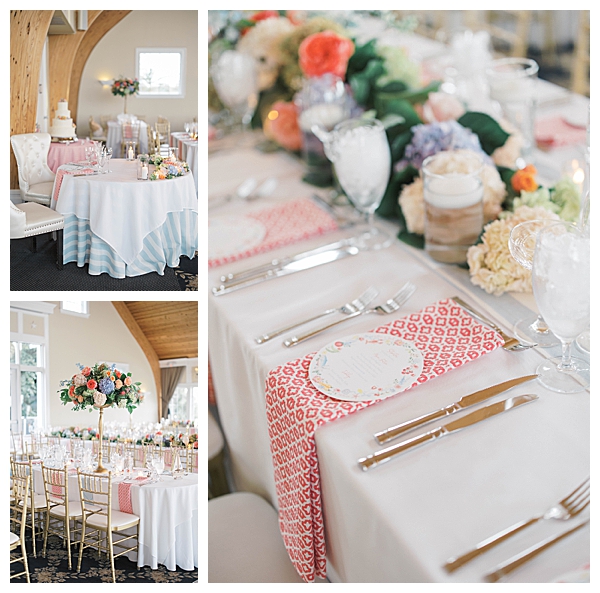 Coastal wedding table setting with blue and pink details