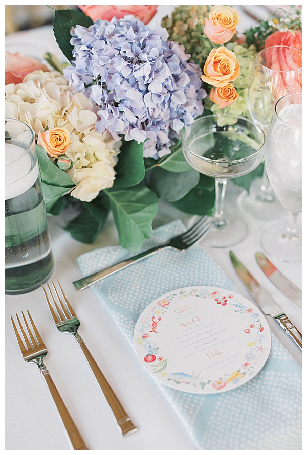 Romantic table styling at Nantucket-inspired wedding