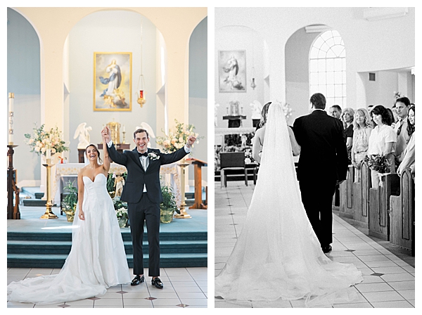 bride and groom cheering after ceremony