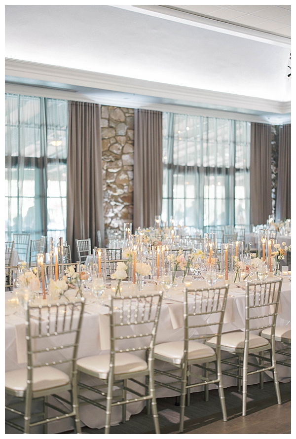 Blush floral centerpieces with greenery at Fiddler’s Elbow