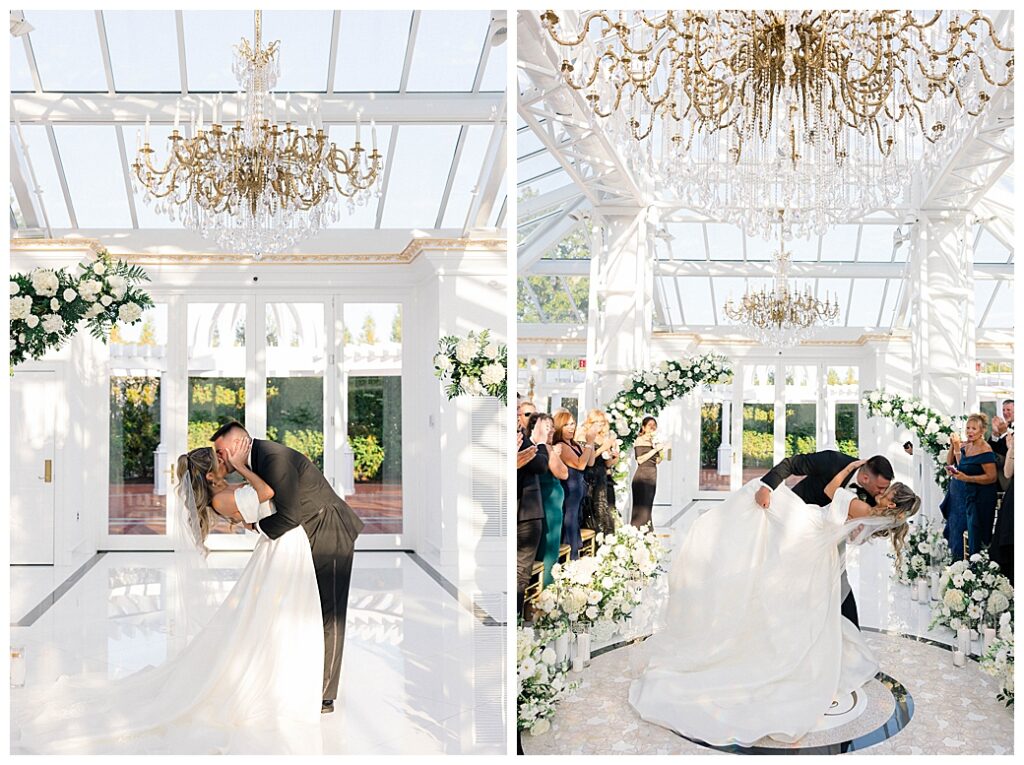 Bride and groom sharing their first kiss as a married couple at their New Jersey wedding ceremony