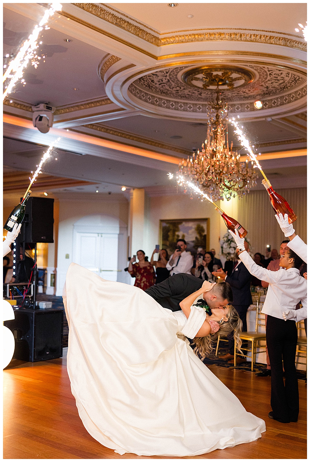 Bride and groom making their grand entrance into the wedding reception at Eagle Oaks in Farmingdale, NJ