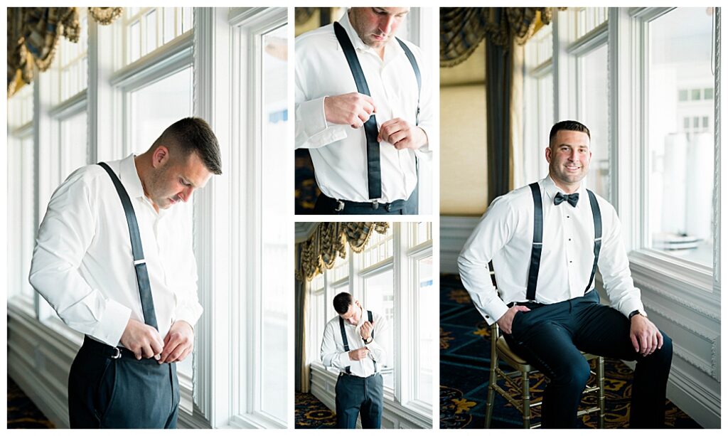 Groom straightening his tie during getting-ready portraits at Eagle Oaks Country Club in Farmingdale, NJ