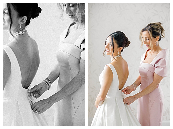 Mom zipping up bride's dress