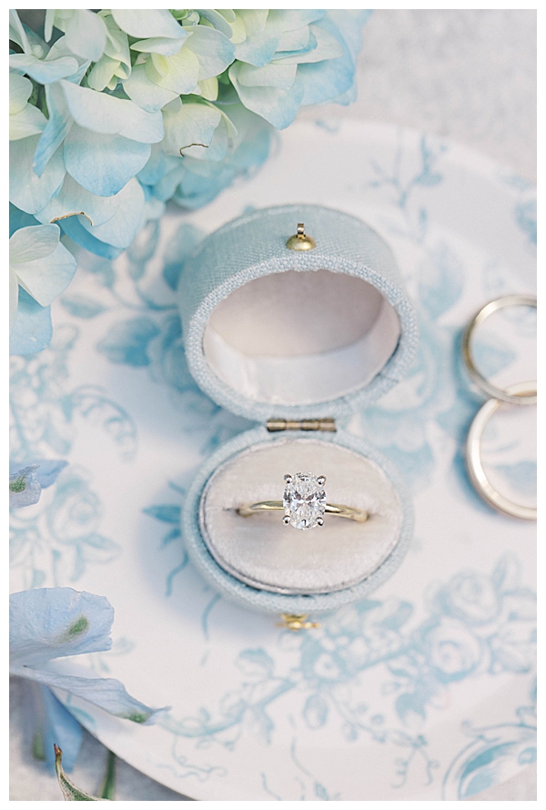 elegant wedding details flat lay blue and white