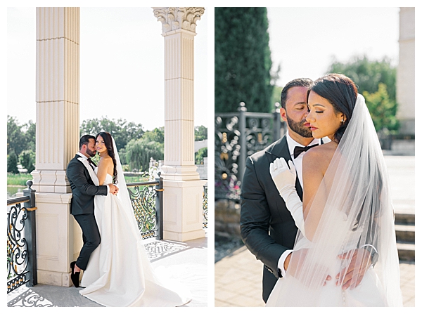 Sunset silhouette portrait of bride and groom at Legacy Castle New Jersey wedding