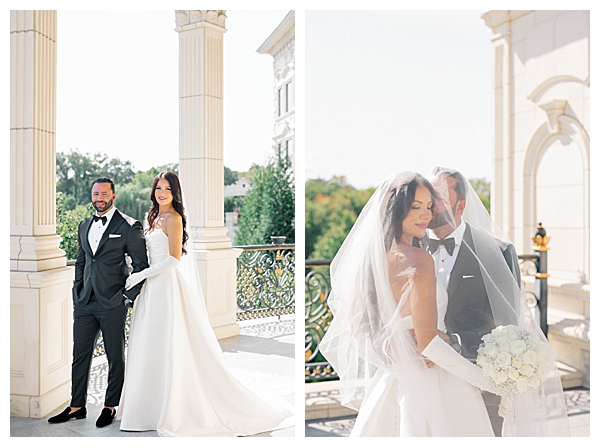 Romantic evening portrait of bride and groom at Legacy Castle New Jersey