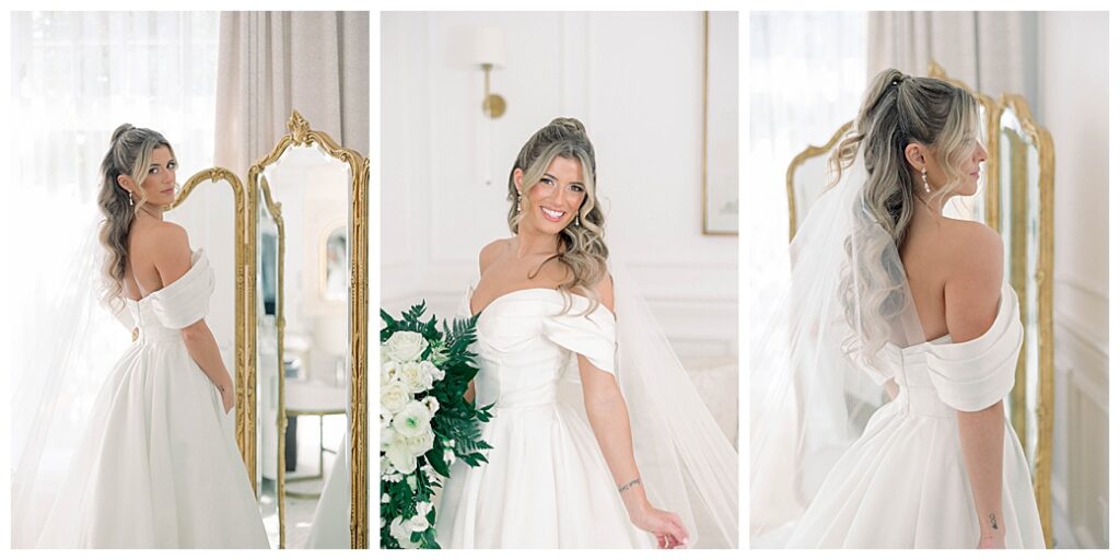 Bridal portrait with soft window light illuminating the bride's veil and gown in the getting-ready suite