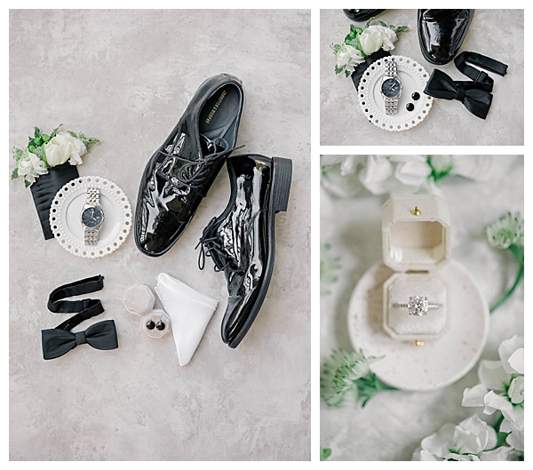 Close-up wedding detail shots including rings, florals, and accessories at the Ryland Inn, NJ