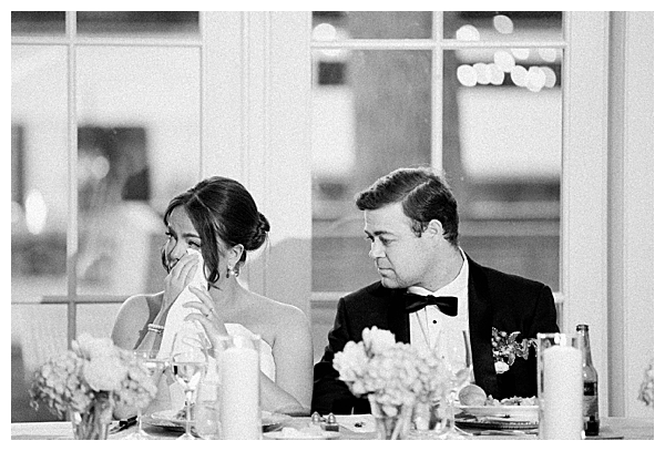 bride wiping tear during toasts