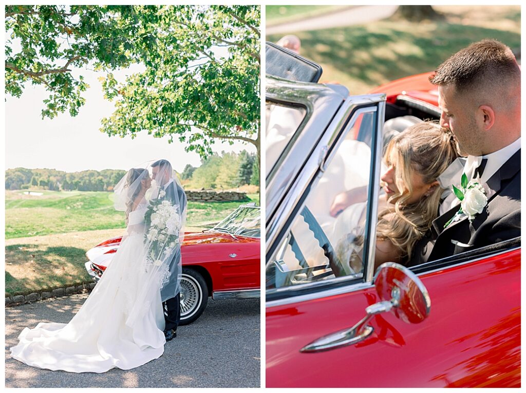 Bride and groom strolling together along a tree-lined path during their New Jersey wedding portrait session