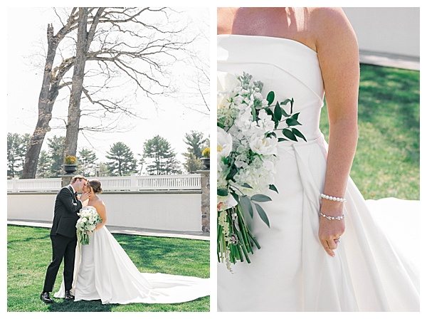 Bride and groom portrait at the Ryland Inn showcasing the light blue and white spring wedding palette