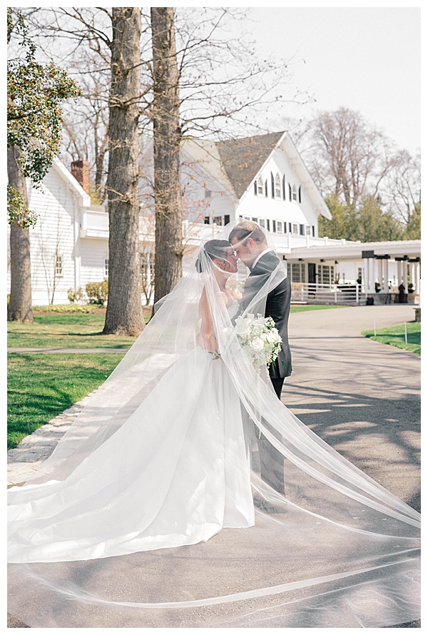 bride and groom under veil