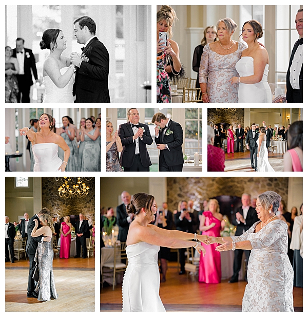 Bride and groom sharing their first dance in the Ryland Inn ballroom during their spring wedding reception