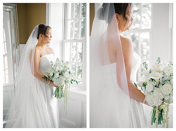 Bride getting ready in the Ryland Inn bridal suite in soft natural light, White House Station, NJ