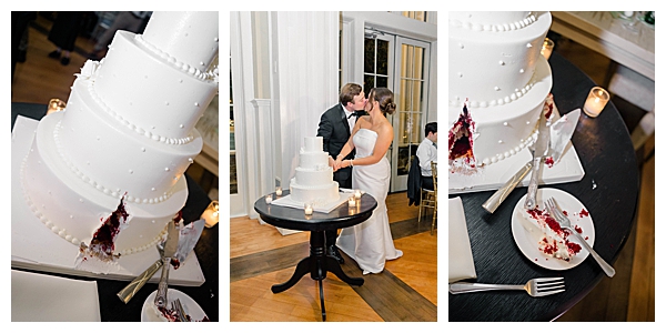 Bride and groom cutting their wedding cake at the Ryland Inn reception in New Jersey