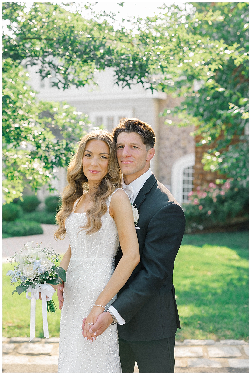Ryland Inn wedding photographer beaded gown catching golden light