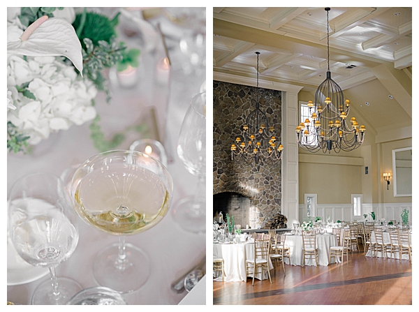 Ryland Inn wedding reception décor featuring white florals, blue glassware, and candlelit tablescapes