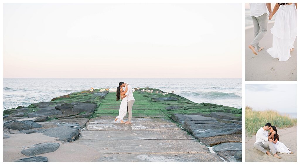 Spring Lake NJ beach engagement couple standing together by the ocean at golden hour