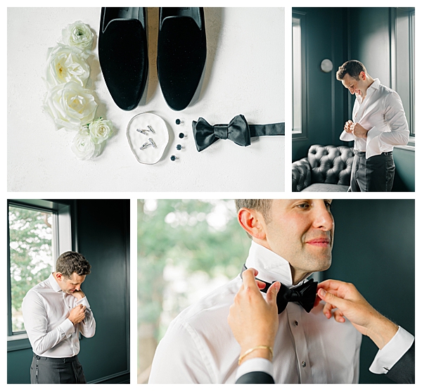 Groom getting ready in his custom black tie tuxedo at The Tilling House Eatontown wedding