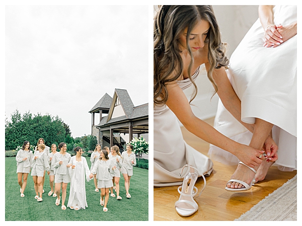 Bridesmaids getting ready together in matching pajamas before the black tie wedding