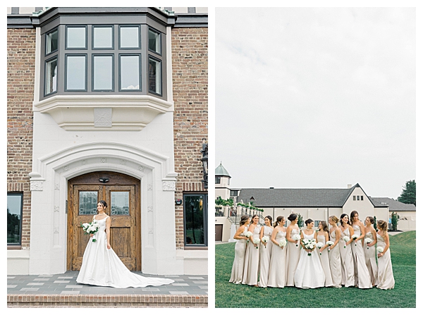 Bride groom and bridal party posing in front of The Tilling House building