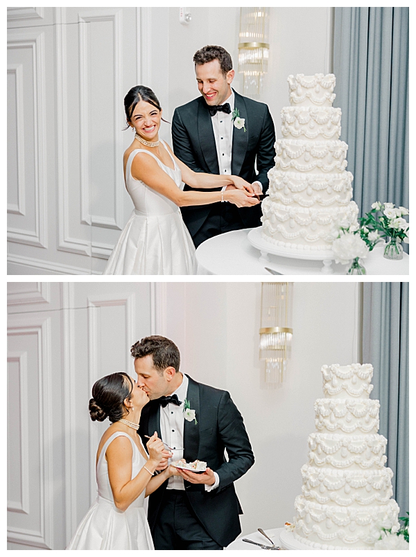 Bride and groom cutting their cake at their black tie wedding reception