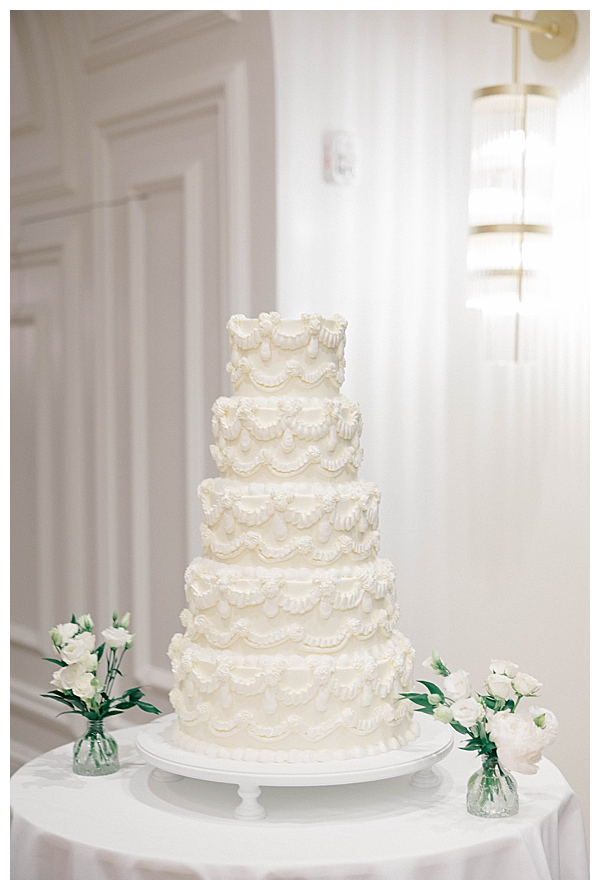 Elegant wedding cake at the black tie reception in Eatontown NJ