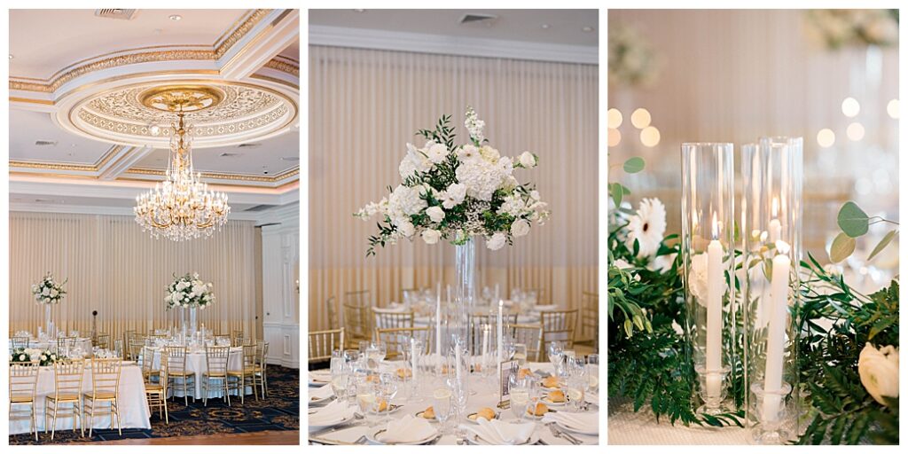 Elegant wedding reception table setting with lush floral centerpieces and candlelight at a New Jersey wedding