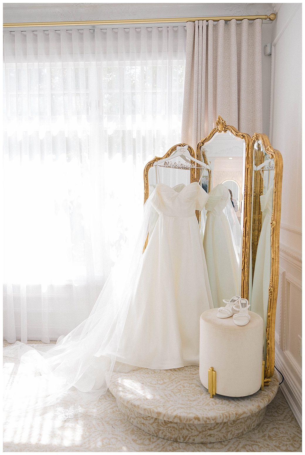 Wedding flat lay featuring the couple's rings, handwritten vows, and something blue details at a New Jersey wedding